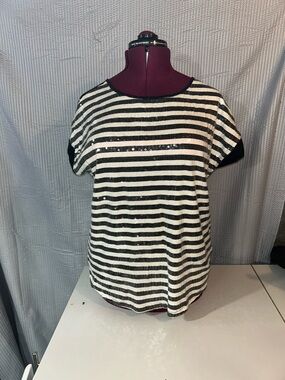 Lane Bryant Black & White Striped Sequin Short Sleeve Top